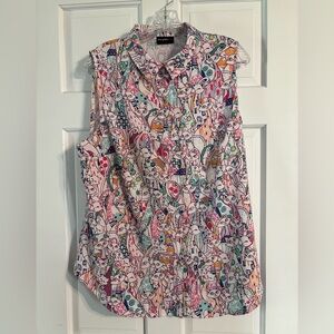 BlackMilk Business Time Colorful Cat Print Sleeveless Button Down Shirt
